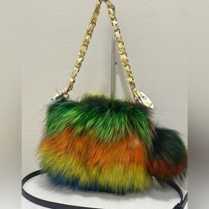 Colorful Real Finn Raccoon Fur Handmade Multi Use Bag & Fur Pom-Pom Charm